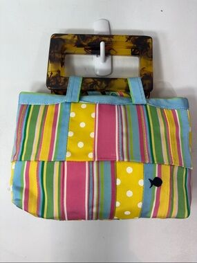 Maax Blue Fish Striped Canvas mini Tote Bag Tortoise Handle Colorful Resort